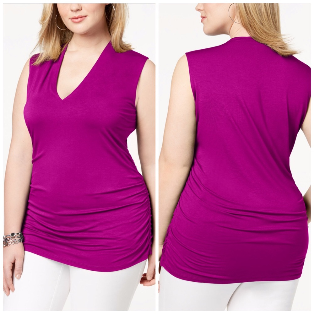 INC Magenta Ruched V Neck Tank Top Plus Size 2X